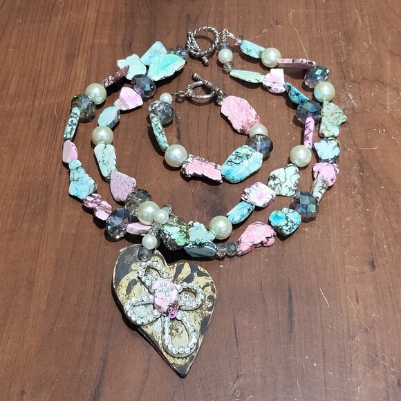 Double Strand Necklace Bracelet Set Double Mixed Pink Turquoise Stone Beads Cros - Picture 5 of 15